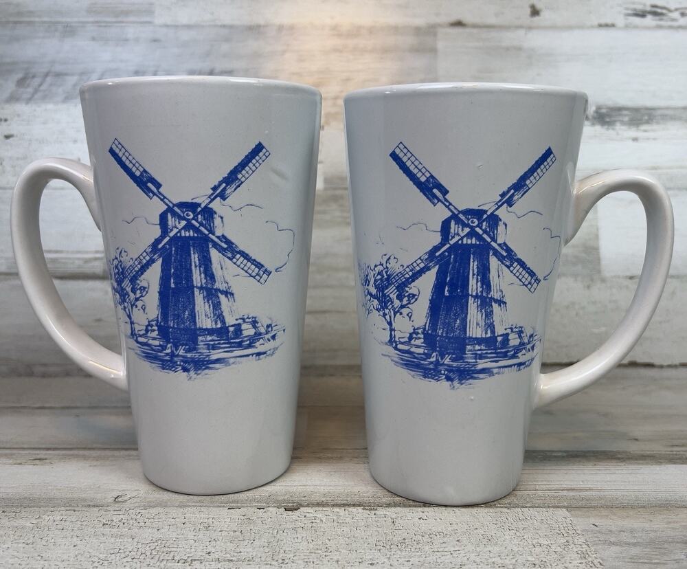 Blue Windmill Coffee Mugs 16 oz White Ceramic Dutch Style Set of 2 Marketplace